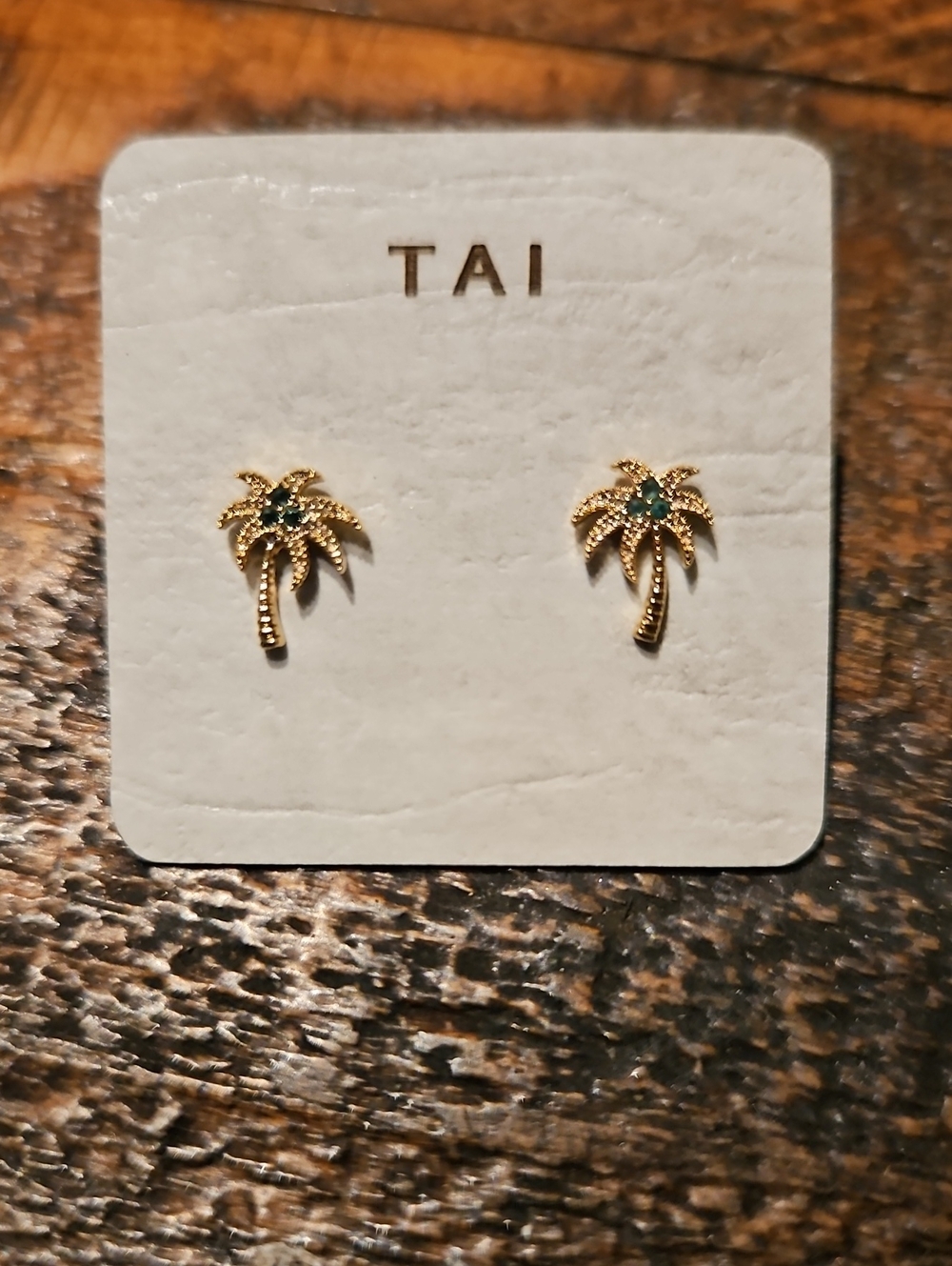TAI Gold tone Palm Tree Stud Earrings with Green Stones